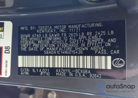 2022 Lexus Es 300H from USA, damaged, VIN 58ADA1C14NU015436